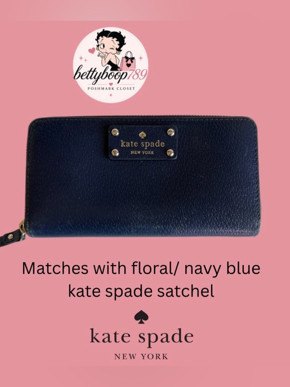 kate spade Navy Pebbled Leather Zip Around Wallet with Gold Plaque